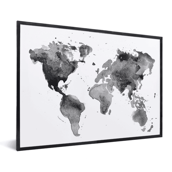 Aquarel zwart - wit in - Wereldkaart fotolijst Wereldkaarten