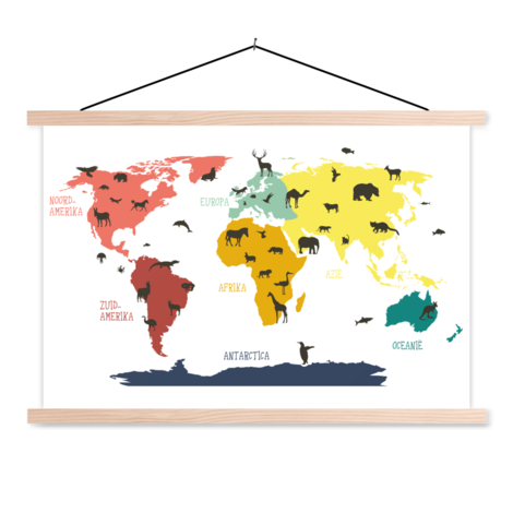 Dieren kleuren - Wereldkaart schoolplaat - Wereldkaarten